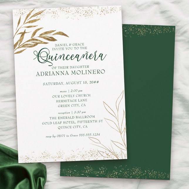 Convites Quinceanera Elegante e Folha Verde e Dourada (Emeral Green White & Gold Invitation to Quinceanera and Church Ceremony)