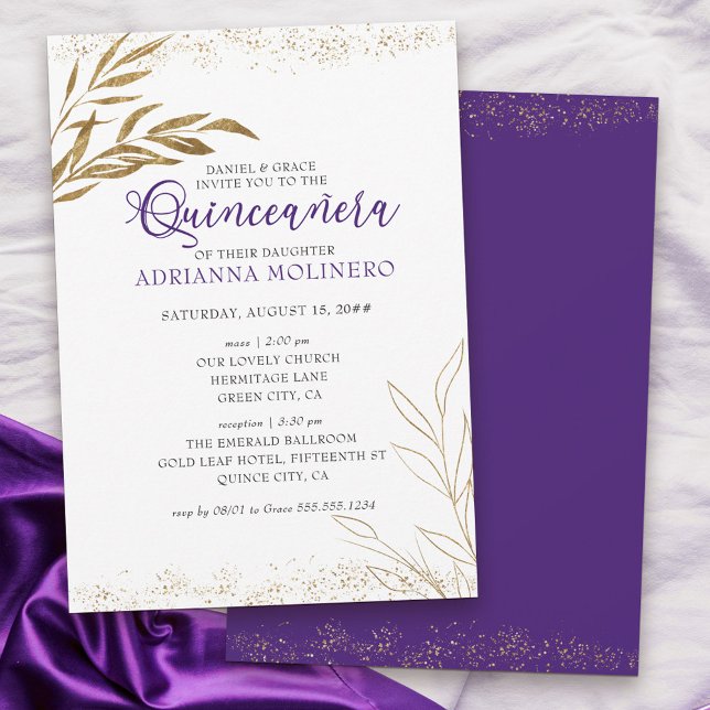 Convites Quinceanera Elegante e Púrpura e Folha Dourada (Elegant invitation to Quinceanera & church blessing white, purple and gold - my Gold Leaf Collection)