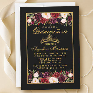 Convites Quinceanera Elegante Frame Floral Dourado Coroa Ne