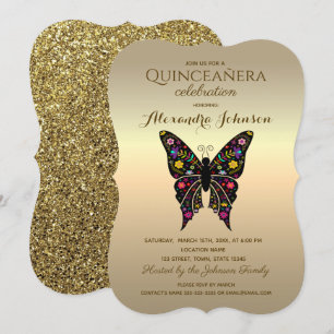 Convites Quinceanera Elegante Preto e Dourado