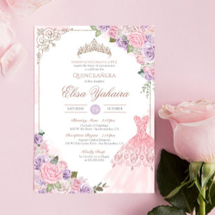 Convites Quinceanera Elegante Púrpura, Lavanda Rosa Esbranq