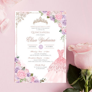 Convites Quinceanera Elegante Púrpura, Lavanda Rosa Esbranq