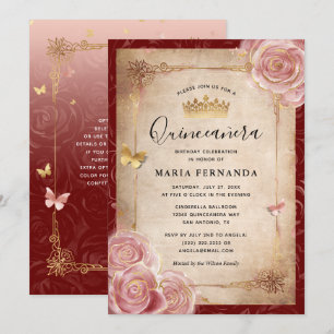 Convites Quinceanera Elegante Rosa de Aquarela Rosa Dourada