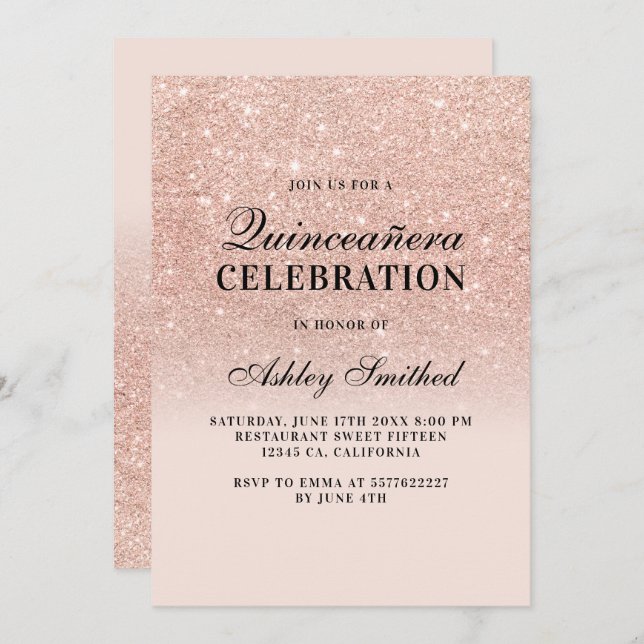 Convites Quinceañera elegante rosa de ouro brilhante (Frente/Verso)