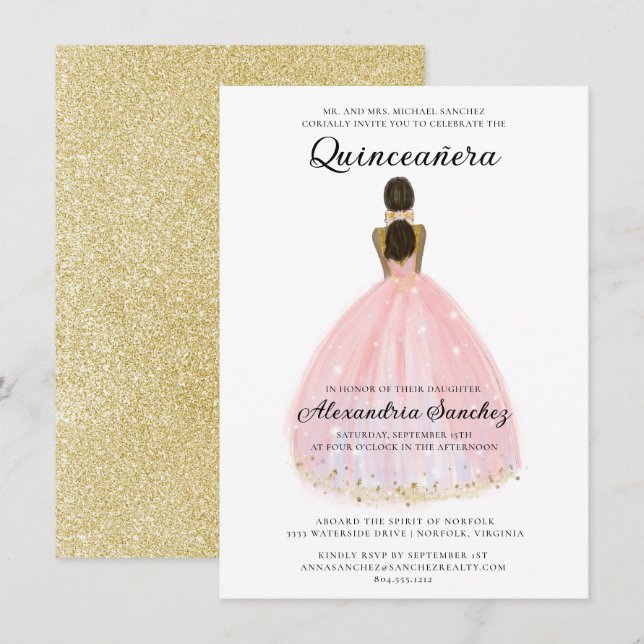 Convites Quinceanera Elegante, Rosa e Glitter Dourado (Frente/Verso)
