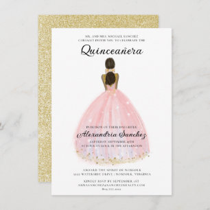 Convites Quinceanera Elegante, Rosa e Glitter Dourado
