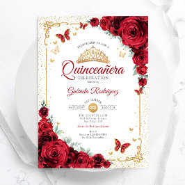 Convites Quinceanera Elegante Rosas vermelhas Chic Douradas