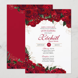 Convites Quinceanera Elegante - Rosas vermelhos e Dourados