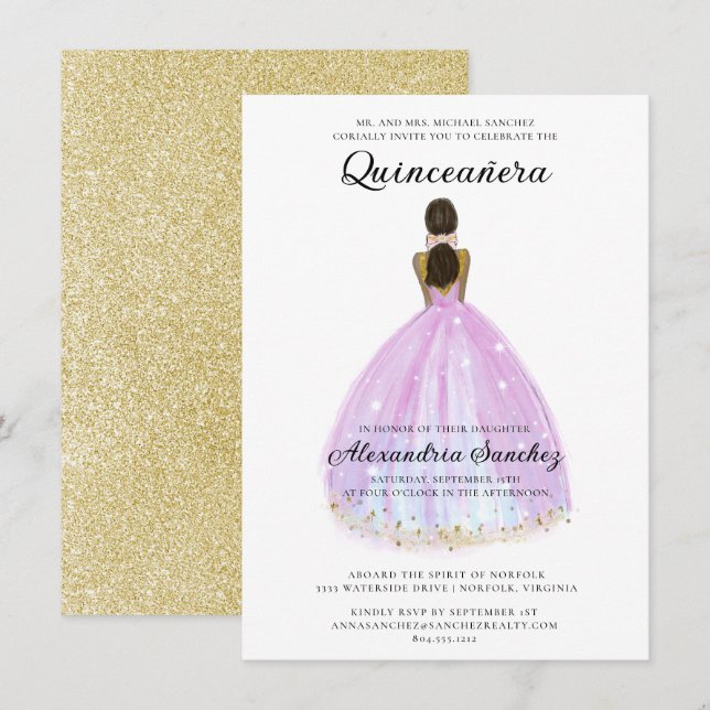 Convites Quinceanera Elegante Roxo e Glitter Dourado (Frente/Verso)