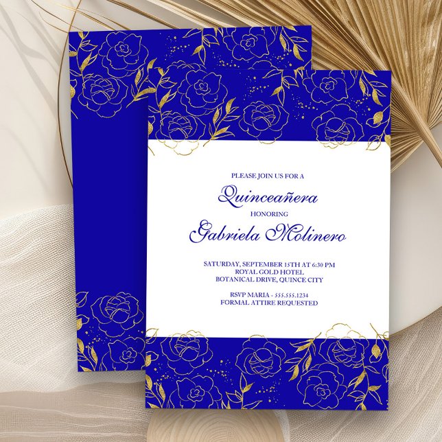 Convites Quinceanera Elegante Royal Blue e Dourado Floral (Quinceanera Invitation from my Elegant Gold Flowers Quinceanera Collection)