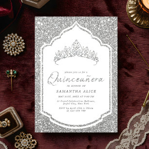 Convites Quinceanera Elegante Silver Glittery