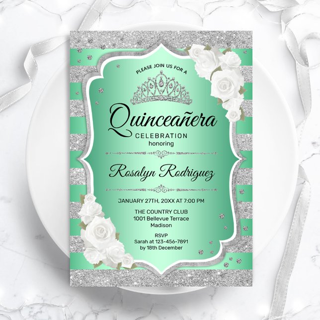 Convites Quinceanera Elegante Verde Silver (Criador carregado)
