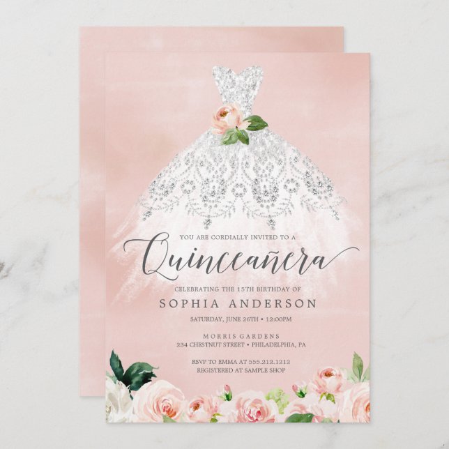 Convites Quinceañera Elegante Vestido Floral 15 Birthday In (Frente/Verso)