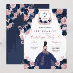 Convites Quinceañera, Elegente Floral Rosa-marinho
