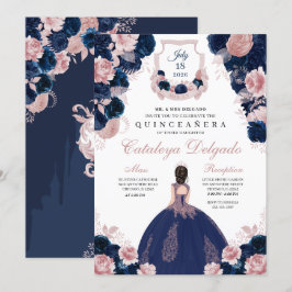 Convites Quinceañera, Elegente Floral Rosa-marinho