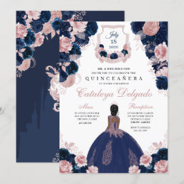 Convites Quinceañera, Elegente Floral Rosa-marinho