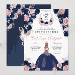 Convites Quinceañera, Elegente Floral Rosa-marinho