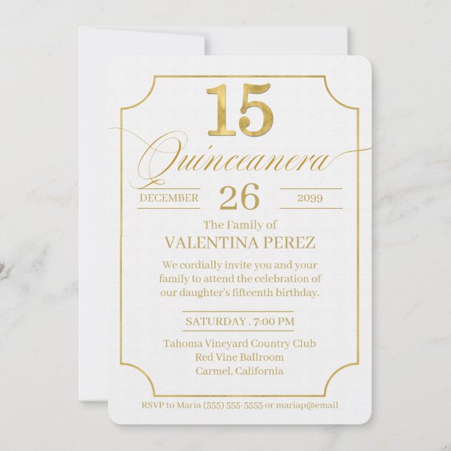 Convites Quinceanera em Dourado idioma inglês com foto (Verso)