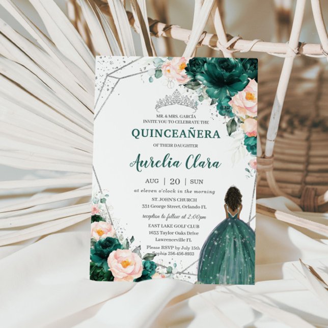 Convites Quinceañera Emerald Blush Floral Brown Princess (Criador carregado)