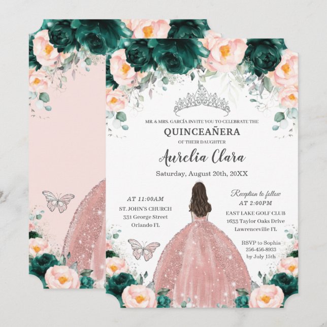 Convites Quinceañera Emerald Blush Princesa Floral Silver (Frente/Verso)