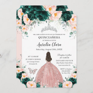 Convites Quinceañera Emerald Blush Princesa Floral Silver