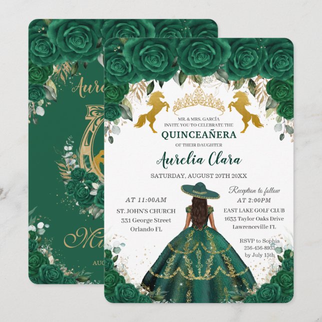 Convites Quinceañera Emerald Floral Princesa Dourada Cavalo (Frente/Verso)