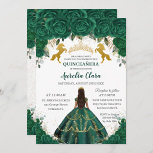 Convites Quinceañera Emerald Floral Princesa Dourada Cavalo