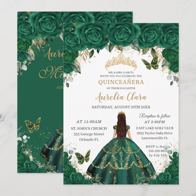 Convites Quinceañera Emerald Floral Princesa Dourada Coroa (Frente/Verso)