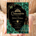 Convites Quinceanera Emerald Gold Gold Dress Floral<br><div class="desc">Emerald green black and gold Quinceanera celebration invitation. Features brunette girl in ball gown dress,  script font,  gold butterflies,  watercolor roses and tiara. Perfect for an elegant princess style glam celebration. Personalize with your own details. Printed Zazzle invitations or instant download digital printable template.</div>