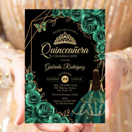 Convites Quinceanera Emerald Gold Gold Dress Floral 