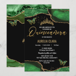 Convites Quinceañera Emerald Green Agate Butterflies