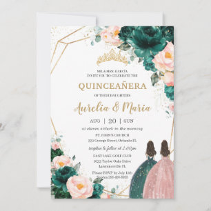 Convites Quinceañera Emerald Green Blush Gêmeas Florais