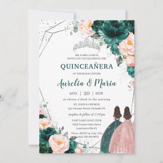 Convites Quinceañera Emerald Green Blush Gêmeas Florais (Frente)