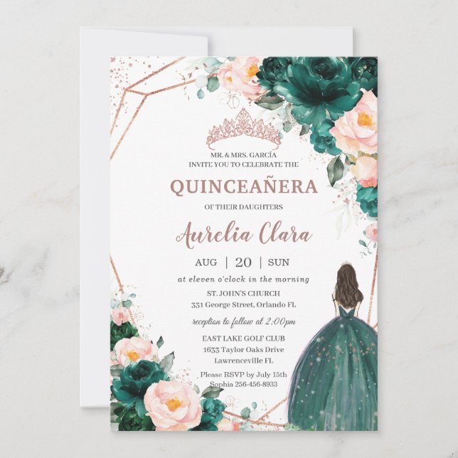 Convites Quinceañera Emerald Green Blush Rosa Floral Dourad (Frente)