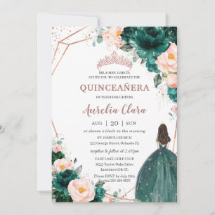 Convites Quinceañera Emerald Green Blush Rosa Floral Dourad
