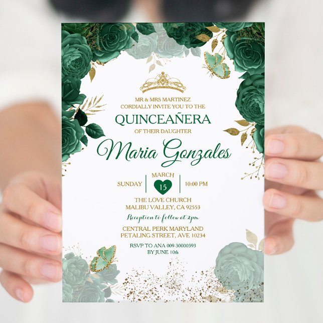 Convites Quinceañera Emerald Green Borboleta Mexicana (Criador carregado)