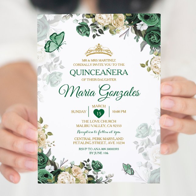 Convites Quinceañera Emerald Green Borboleta Mexicana (Criador carregado)