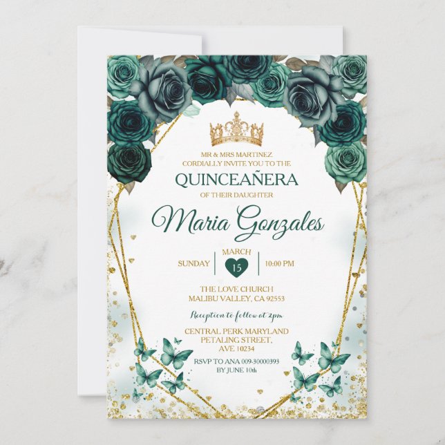 Convites Quinceañera Emerald Green Borboleta Mexicana (Frente)