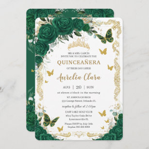 Convites Quinceañera Emerald Green Borboletas Douradas