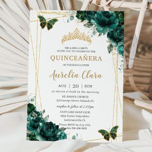 Convites Quinceañera Emerald Green Borboletas Florais Tiara