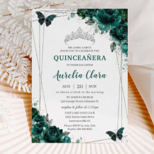 Convites Quinceañera Emerald Green Borboletas Florais Tiara