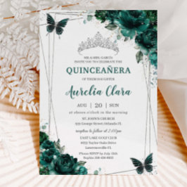 Convites Quinceañera Emerald Green Borboletas Florais Tiara