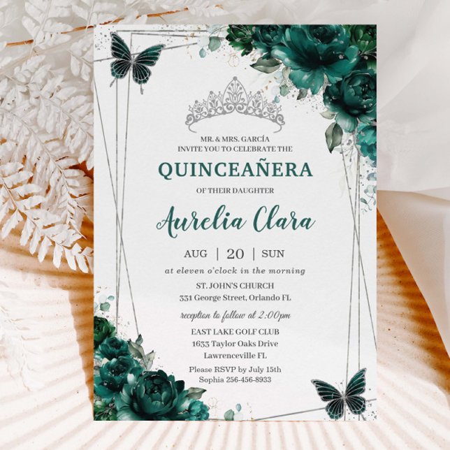 Convites Quinceañera Emerald Green Borboletas Florais Tiara (Criador carregado)
