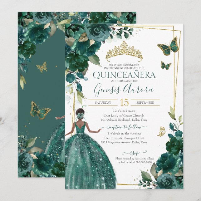 Convites Quinceañera Emerald Green - Borboletas Florais Ves (Frente/Verso)