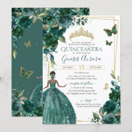 Convites Quinceañera Emerald Green - Borboletas Florais Ves