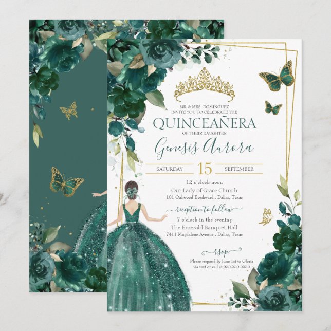 Convites Quinceañera Emerald Green - Borboletas Florais Ves (Frente/Verso)