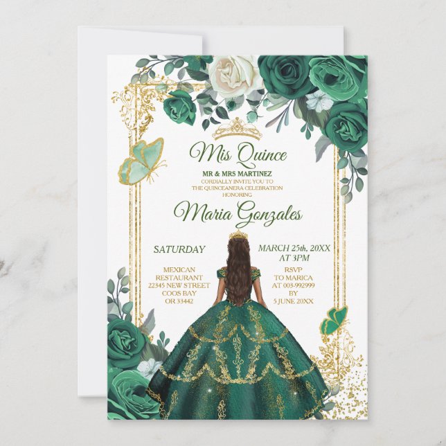 Convites Quinceañera Emerald Green Butterfly Dourada Crown (Frente)