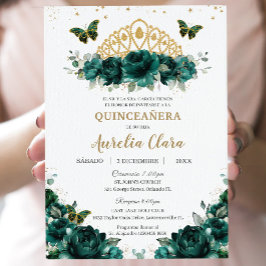 Convites Quinceañera Emerald Green Crown Español