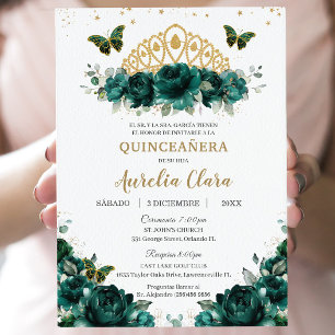 Convites Quinceañera Emerald Green Crown Español