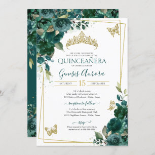 Convites Quinceañera Emerald Green Dourada Borboleta